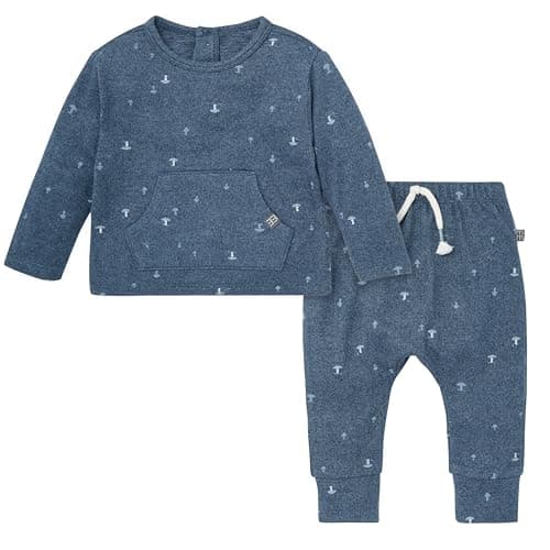 Modern Moments by Gerber Baby Boys' Hacci Pants Set with Kanga Pocket, Navy Mushroom, 0-3 Months