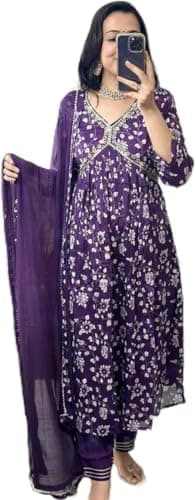 Aashita Creations Women's Floral Print Anarkali Dress Set, 3-Piece Suit with Dupatta and Pants, Purple (US, Alpha, Small, Regular, Regular, Purple)