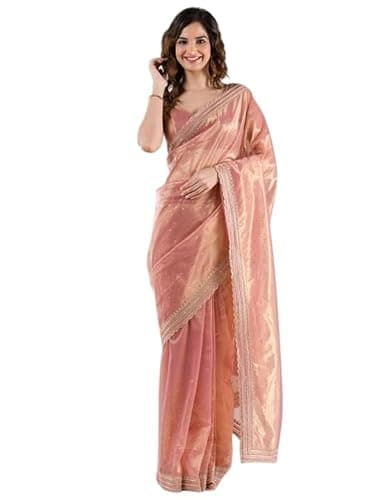 Svayi Women’s Net Gold Siroski Stone Embroidery Border work Saree for Wedding Festive Party Style Sari with Blouse Piece (SR1260-LightOrange)