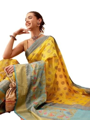 Women's Vibrant Yellow Ethnic_Motifs_Banarasi Silk Saree With Unstitched Blouse Piece Partywear/Wedding Function Indian Gift Item Pack Of 1 (Yellow)