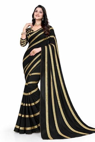 Svayi Women’s Georgette Golden Sequin Stripes Embroidery work Saree for Wedding Festive Party Style Sari with Blouse Piece (SR1254-Black)
