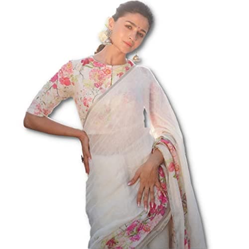 Sidhidata Textile Women's Digital Floral Printed Pure Cotton Linen Saree With Unstitched Blouse Piece (Alia White_White_Free Size)