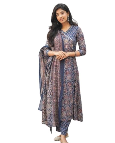 Archy Creations Women's Blue Cotton Printed V-Neck Anarkali Kurti Pant Set with Dupatta (US, Alpha, 3X-Large, Regular, Regular, Blue)