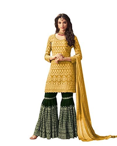 ZIYA Fashion Women's Georgette Embroidered Sharara style 3 Piece Suit Salwar Mohini Set - Yellow, XL
