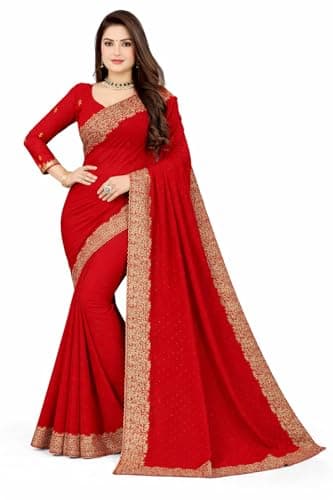 Svayi Women’s Georgette Broad Golden Embroidery Border Siroski work Saree for Wedding Festive Party Style Sari with Blouse Piece (SR1211-Red)