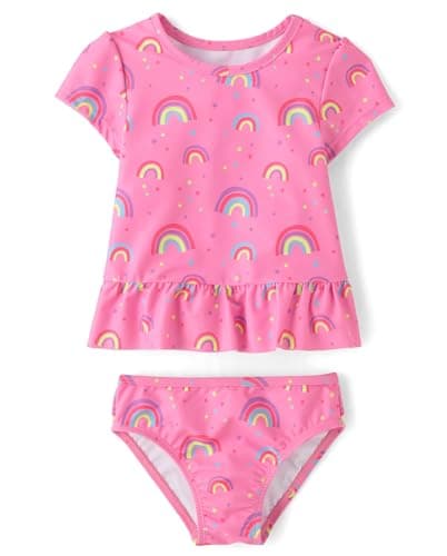 The Children's Place,Baby Girls,and Toddler Short Sleeve Rashguard Swimset,Rainbow Pink,5 Years