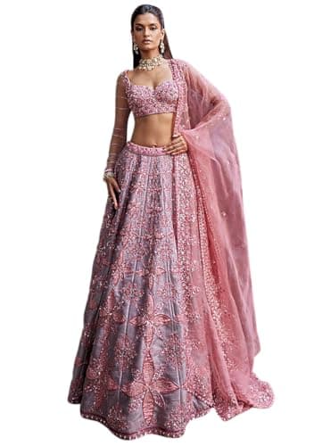 Indya Peach Embroidered Chinon Lehenga Set With Dupatta for Festive | Long Sleeve | Sweetheart Neck | Indian Ethnic Wear