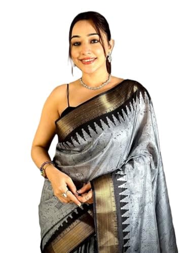 Women's Kalamkari_Dola Silk Saree With Unstitched Blouse Piece Partywear/Wedding/anniversary Indian Gift Item Pack Of 1 (Gray)