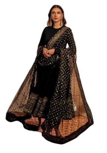 Indya Black Sequin Work Cotton Pakistani Suit Set for Festive | Long Sleeve | Crew Neck | Indian Ethnic Wear