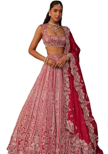 Indya Red Sequins Work Silk Blend Lehenga Choli – Zari Work for Wedding | Sleeveless | Square Neck | Indian Ethnic Wear