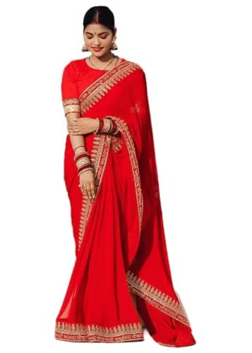 Sidhidata Textile Women's Lace Bordered Georgette Saree With Unstitched Blouse Piece (karwa Chauth_Red_Free Size)