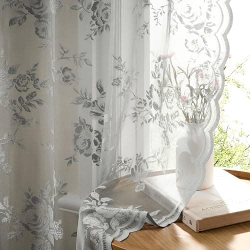 Gray Lace Curtains 102 Inches Long 2 Panels Grey Sheer Floral Curtains for Living Room Botanical Embroidery Rod Pocket Light Filtering Drapes French Window Decor for Dining Room Hallway Sunroom 52x102