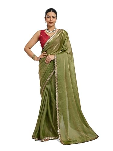Svayi Women’s Shimmer Satin Scalloped Sequin Embroidery border work Saree for Wedding Festive Party Style Sari with Blouse Piece (SR1280-LightGreen)