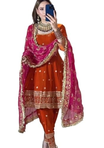 Indya Orange Embroidered Silk Blended Punjabi Suit for Festive | 3/4 Sleeve | Scoop Neck | Indian Ethnic Wear