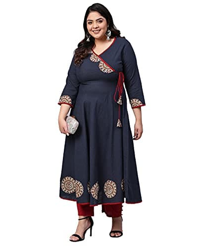 Yash Gallery Women's Cotton Plus Size Slub Patch Work Angrakha V-neck 3/4 Sleeve Kurta Dress (Blue)