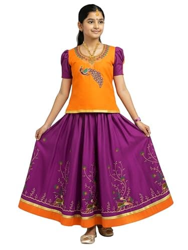 kaatru Thana Girls Pavadai Set D100 - Lehenga Choli - Orange & Violet (13-14 Years)