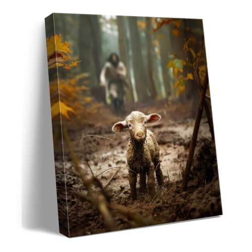 Religious wall decor for prayer room Christian wall art for Christmas decorations indoor Jesus and Lamb canvas wall prints Jesus Running After Lost Lamb Picture for home decor Baptism gifts for boys-girl serenity prayer wall art Christian gifts for Women,christians,pastor,teachers,Mother's A-333