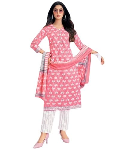 ladyline Womens 100% Cotton Jaipuri Printed Salwar Kameez Suit – Ethnic Kurta, Pants & Mal Dupatta Set | Indian Punjabi Dress (CPSK DTCG) (44/ Pink)