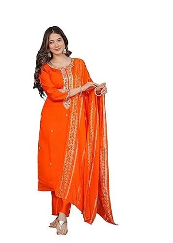 FOXDX Women's Silk Blend Embroidered Straight Kurta Pant Set with Chanderi Dupatta Set (Orange, Medium)