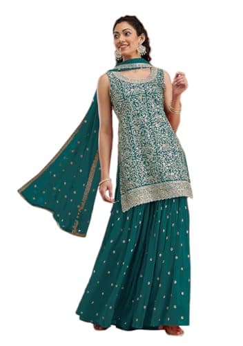 Indya Sky Blue Embroidered Georgette Sharara Set for Festive | Sleeveless | Square Neck | Indian Ethnic Wear