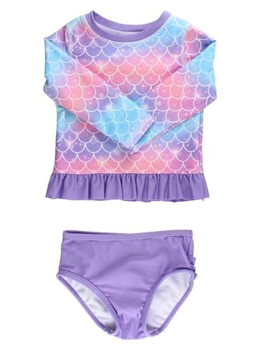 RuffleButts Baby/Toddler Girls Long Sleeve Rash Guard UPF50+ Sun Protected Bikini Swimsuit - Shimmer Mermaid Tale, 4T