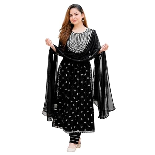Kraphooli Women's Rayon Naira Cut Kurta Set Embroidered Printed Ethnic Suit with Dupatta | Black, Large