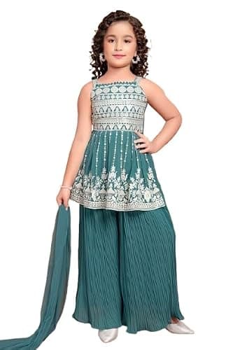 disson Girls Embroidered Palazzo Set, Teal Green with White Pattern, Sleeveless Kurti with Pleated Pants and Dupatta (US, Age, 14 Years, Teal Green)