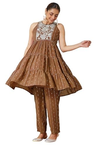 Janasya Indian Women's Georgette Brown Yoke Embroidered Festive Wear Kurta Set for Women