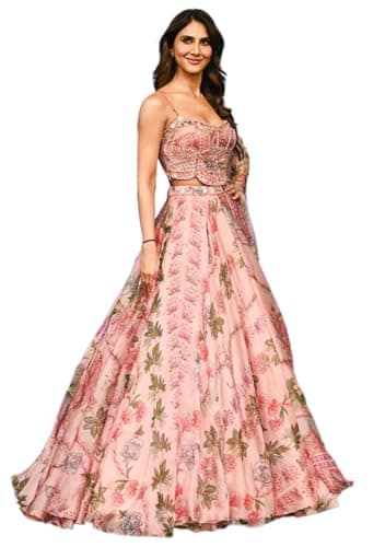 Indya Women's Multicolor Silk Embroidered Lehenga Set, Sleeveless, V-Neck