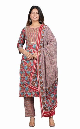 Ambararambh Women's Red Rayon Kurti Set With Dupatta-3/4 Sleeves – Elegant Ethnic Wear for Festivals, Traditional Functions (Red, XL)