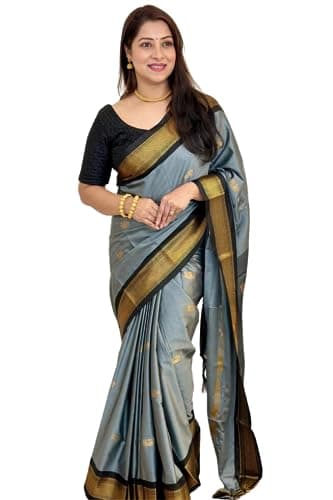 SGF11 Women's Kanjivaram Soft Silk Saree With Blouse Piece (Grey Black) 6.3metres