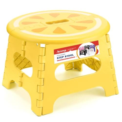 ACSTEP 9 Inch Folding Step Stool for Kids, Sturdy Collapsible Step Stool Foldable Up to 300 lbs for Toddlers, Non Slip Foot Stools with Handle for Kitchen, Bathroom, Bedroom, Outdoor, Lemon Yellow