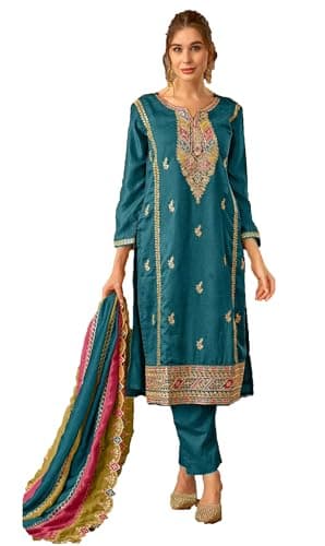 STELLACOUTURE Indian Pakistani Salwar Kameez suit ready to wear embroidered plus size eid festival for women 1086-O (Blue, 50)