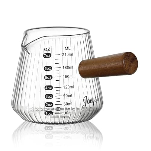 Joeyan Espresso Measuring Cup, 7oz Clear Espresso Shot Cups with Wood Handle, Ribbed Glass Measuring Cup with Spout and Double Scale, Milk Frothing Pitcher, Espresso Machine Coffee Bar Accessories
