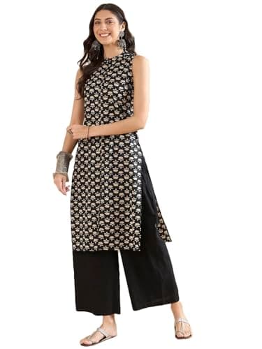 miss fame Women Sleeveless Printed Cotton Kurta with Palazzo - S Brown