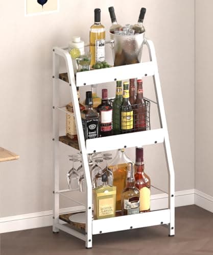 Comzinn 3-Tier Liquor Stand for Home Bar, Trapezoid Freestanding Whisky Bottle Holder with Fences, Stepped Versatile Liquor Bottle Display Shelf, Corner Floor Bar Stand for Liquor Storage, White