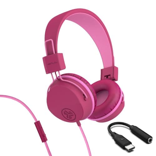 JLab, JBuddies Studio, Kids Wired on-Ear Headphones, Bundle with USB-C Adapter, Volume limiting, Foldable, Dark Pink