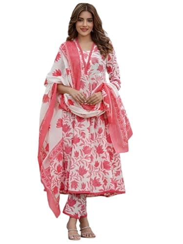 INDACORIFY Floral Printed Anarkali Cotton Kurta with Pant & With Dupatta Indian Suit (Pink, 3XL)