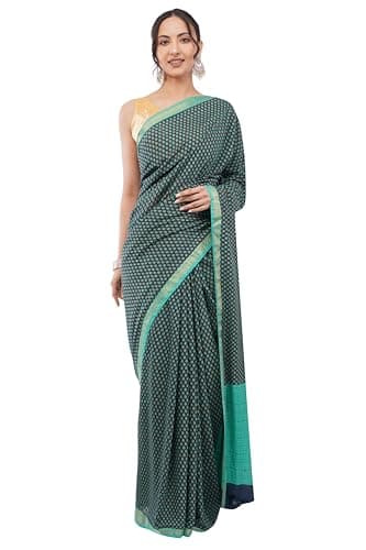 Womens Indian Suvin Cotton Saree with Emerld and Indigo Woven Design/Premium Soft Traditional Saree