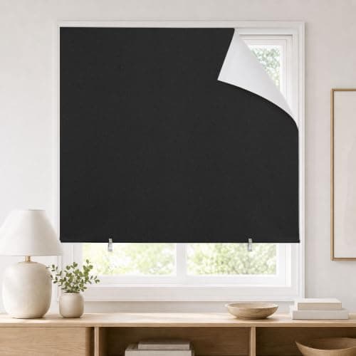 JILRON 100% Blackout Curtains, No Drill Roller Shades, Adhesive Blackout Blinds for Bedroom/Office/RV(35" W x 63" H, Black)