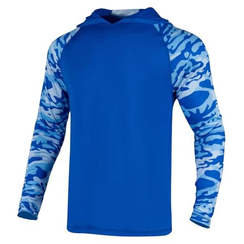 Drizomo Men's Fishing Shirt with Hood,UPF 50+ Sun Protection Hoodie Camo Long Sleeve Shirts High Visibility Safety Quick-Dry T Shirt(Blue,XL)