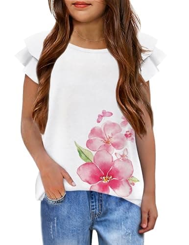 Arshiner Teen Girl Blouses Summer Ruffle Short Sleeve Tee Shirts Flower T Shirts Graphic Tees for Girls 10-12 Years