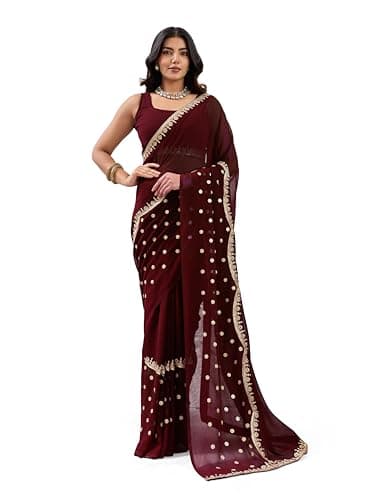 Svayi Women’s Georgette Gold sequin Embroidery butti border work Saree for Wedding Festive Party Style Sari with Blouse Piece (SR1284-Maroon)