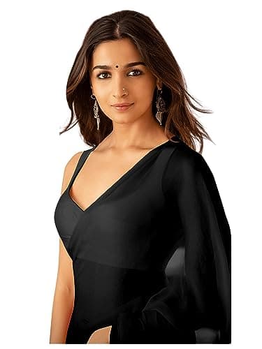 Sidhidata Women's Plain Pure Georgette Saree With Unstitched Blouse Piece (Rocky Aur Rani Ki Prem Kahani Alia Bhatt Saree) (Black)