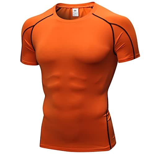Orange Compression Shirts Men Short Sleeve Workout Gym T-Shirt Running Tops Cool Dry Sports Base Layer Undershirts