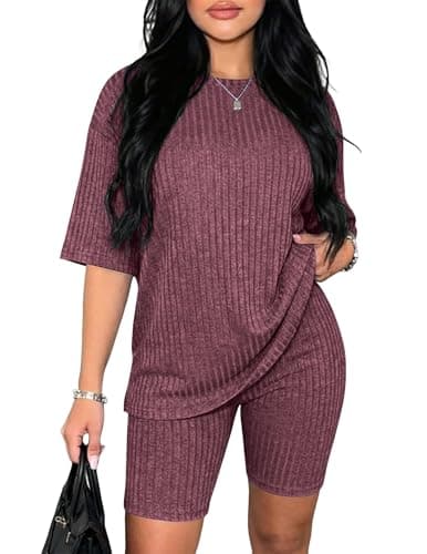 Ekouaer Pajamas 2 Piece Lounge Sets Ribbed Knit Matching Outfits T-shirt Biker Shorts Sleepwear Loungewear Sweatsuits Dark Red $10.99