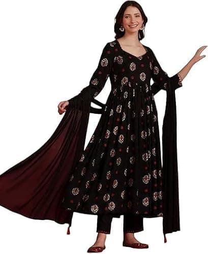 Women's Black Rayon Printed Anarkali Kurta with Palazzo & Dupatta Set | Elegant Ethnic Indian Outfit for Festive, Party Wear (US, Alpha, Large, Regular, Regular, Black)