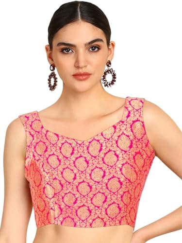 Chandrakal Womens Banarasi Brocade Sleeveless Readymade Saree Blouse,Pink Gold, X-Large (B229PIN5)