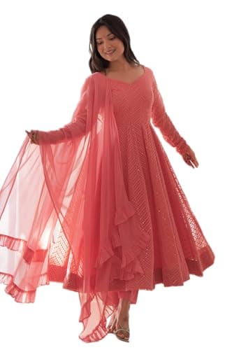 Indya Peach Chikankari Georgette Anarkali With Dupatta for Festive | Long Sleeve | Square Neck | Salwar Kameez | Kurta Set