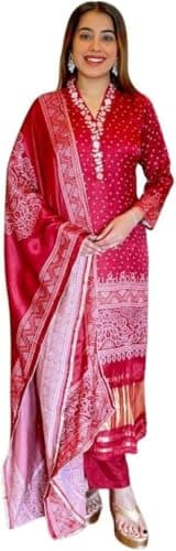 Kraphooli Women’s Indian Ethnic Kurta Pant Dupatta Set in Chinon Silk | Red Bandhani Printed Suit | Party Wear, Wedding, Festive & Casual Traditional Outfit (Large)
